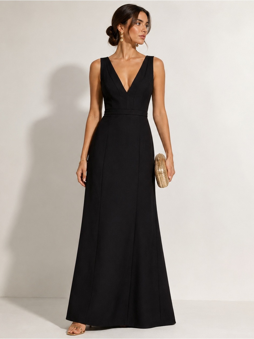 BCBGMaxAzria Black Deep V-Neck Floor-Length Gown